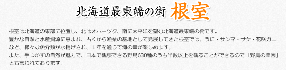 根室は北海道の東部に位置し、北はオホーツク、南に太平洋を望む北海道最東端の街です。豊かな自然と水産資源に恵まれ、古くから漁業の基地として発展してきた根室では、うに・サンマ・サケ・花咲ガニなど、様々な魚介類が水揚げされ、１年を通じて海の幸が楽しめます。また、手つかずの自然が魅力で、日本で観察できる野鳥630種のうち半数以上を観ることができるので「野鳥の楽園」とも言われております。